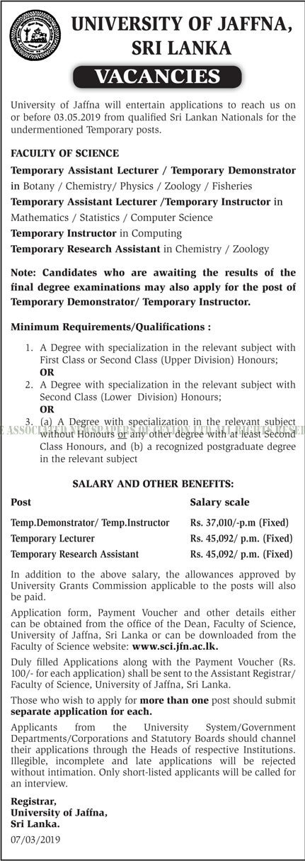 Temporary Assistant Lecturer, Temporary Demonstrator, Temporary Instructor, Temporary Research Assistant - University of Jaffna